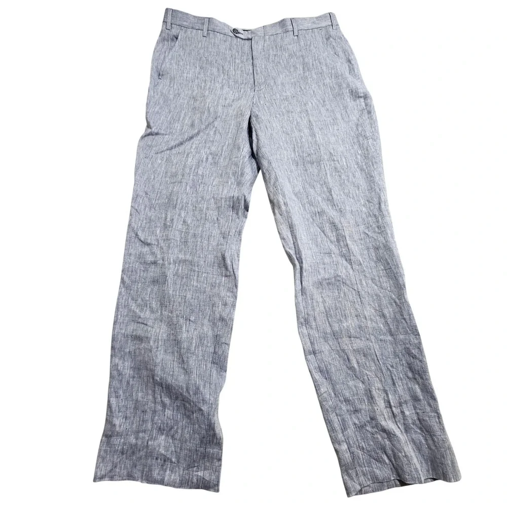 Corbin Linen Trousers 38R Blue Herringbone Flat Front Straight Leg Pants